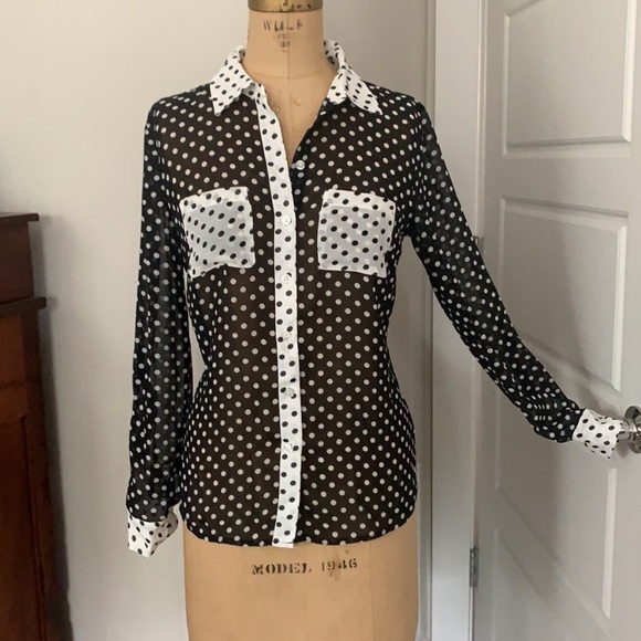 NWT INC Polka Dot Black White Contrast sheer blouse XXL - Picture 2 of 13